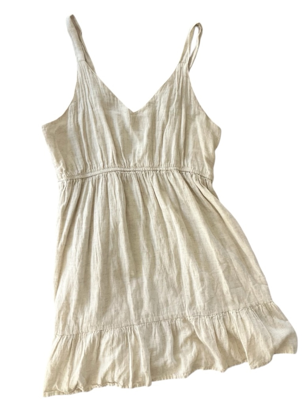 Sim & Sam Linen Blend Dress XL Cream Smocked Back V-Neck Ruffle Hem Tiered